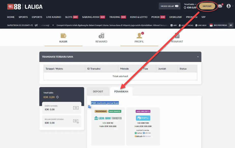 Petunjuk penarikan uang di M88